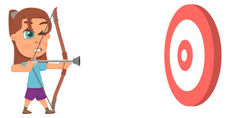 Girl shooting with child bow. Kid archery sport