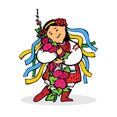 Cute Ukrainian girl in national costume with a wreath and multi-colored ribbons hugs a flower