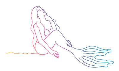 Line drawing of Mermaid sits in a beautiful pose.