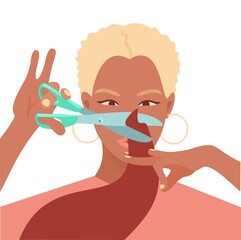 Barber doing haircut and hairstyle for client. Hairstylist working in a hairdressing salon. Colored hand-drawn vector flat illustration isolated on white background.