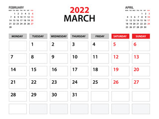 Calendar 2022 template, March 2022 year, planner template, monthly and yearly planners, week start monday, wall calendar design, corporate planner, Desk calendar 2022, printing, vector