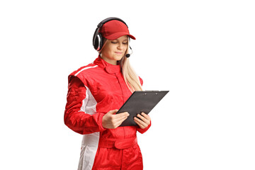 Female race team member reading a document