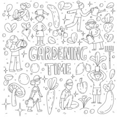Doodle black and white vector gardening set with women and boys, local gardening, plants, vegetables, fruits collection. for design, coloring, web.