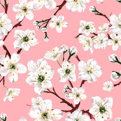 Seamless pattern with imprints cherry abstract flowers and leaves on pink background. Elegance seamless pattern with floral background.
