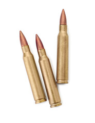 Three bullets on white background, top view. Military ammunition