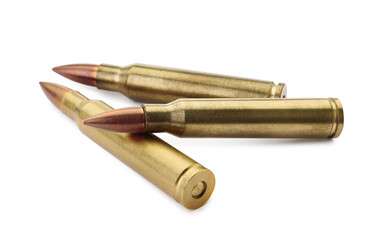 Three bullets on white background. Military ammunition