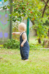 The cute baby boy enthusiastically walks in the summer garden