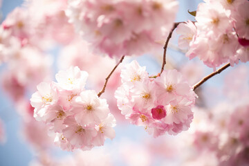 Obraz premium Delicate lush bloom of pink sakura flowers in the spring garden.