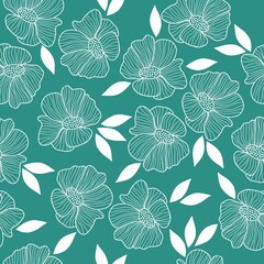 Seamless vintage pattern. White flowers and leaves. Turquoise background. vector texture. fashionable print for textiles, wallpaper and packaging.