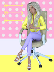 Illustrated image of a young beautiful stylish fashion positive platinum blond woman sitting at work on an office chair.