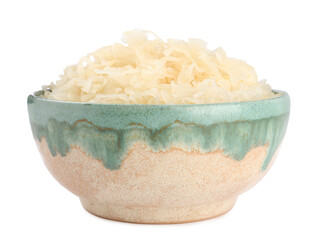 Bowl of tasty sauerkraut on white background