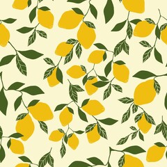 Seamless vintage pattern. Ripe lemons, green leaves. Light yellow background. vector texture. fashionable print for textiles, wallpaper and packaging.