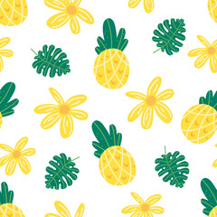 Pineapple flowers seamless vector pattern. Repeating vacations, tropics, exotic background with summer fruit. Use for fabric gift wrap packaging