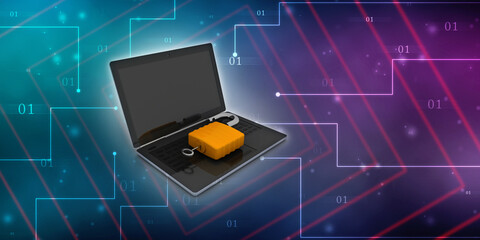 3d illustration Safety concept: Closed Padlock with laptop on digital background
