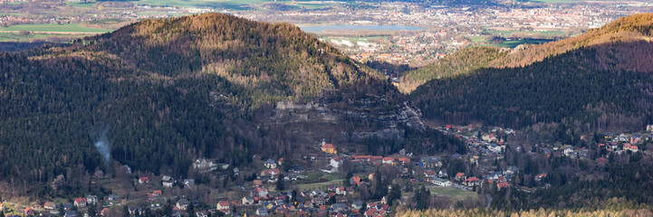 Panoramic view of the mountain and the town of Oybin. Saxony. Germany