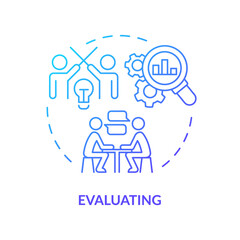 Evaluating blue gradient concept icon. Innovation management abstract idea thin line illustration. Market potential. Commercial success. Isolated outline drawing. Myriad Pro-Bold font used