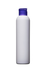 Plastic Blank Tall Shampoo Bottle with purple cap. Mockup Isolated on White Background.