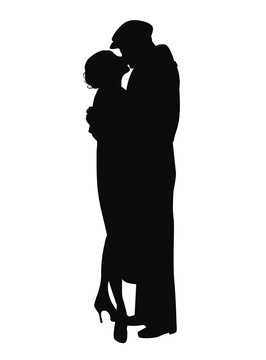 Silhouette of kissing couple, wearing retro style clothes, isolated on white background