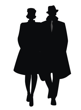 Walking couple silhouettes wearing retro style clothes, isolated on white background