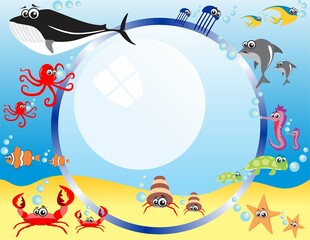 Adorable underwater fish life background write text vector illustration animal shark whale octopus crab starfish turtle clownfish walrus snail father or mother and kid the bottom of the ocean