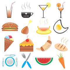 Summer foodstuff symbols and signs cold drink hot coffee lemon juice orange juice burger meat soup fried egg  ice cream cake bread carrot watermelon fork knife spoon and plate vector