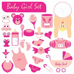 Baby girl symbols and icons set including feeding bottle food teddy bear bird socks toy diaper clothing foot print bodysuit stroller bib soother pacifier flat design element vector