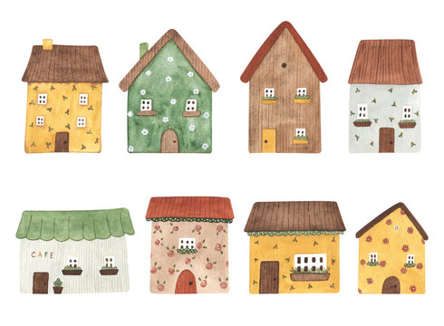 Watercolor cute houses set. Hand drawn summer kids illustration for greeting card, invitation, postcard and other. 