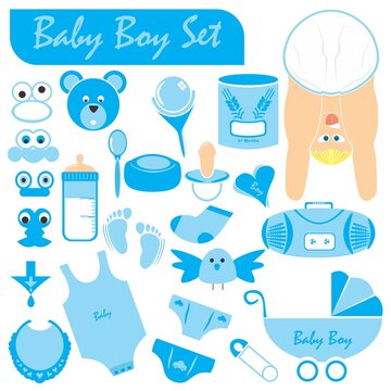 Baby boy symbols and icons set including feeding bottle food teddy bear bird socks toy diaper clothing foot print bodysuit stroller bib soother pacifier flat design element vector