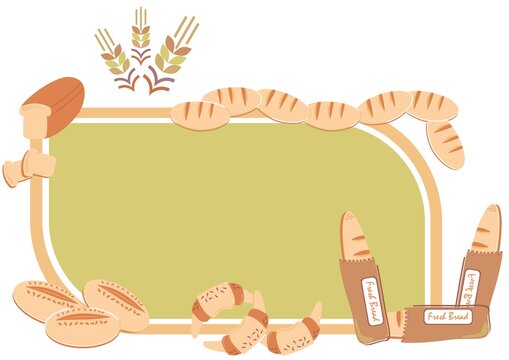 Bakery business card design or card for delivery of fresh bread can be multiple use for shop with text place surrounded by frame with fresh bread toast croissant and wheat spikes vector illustration