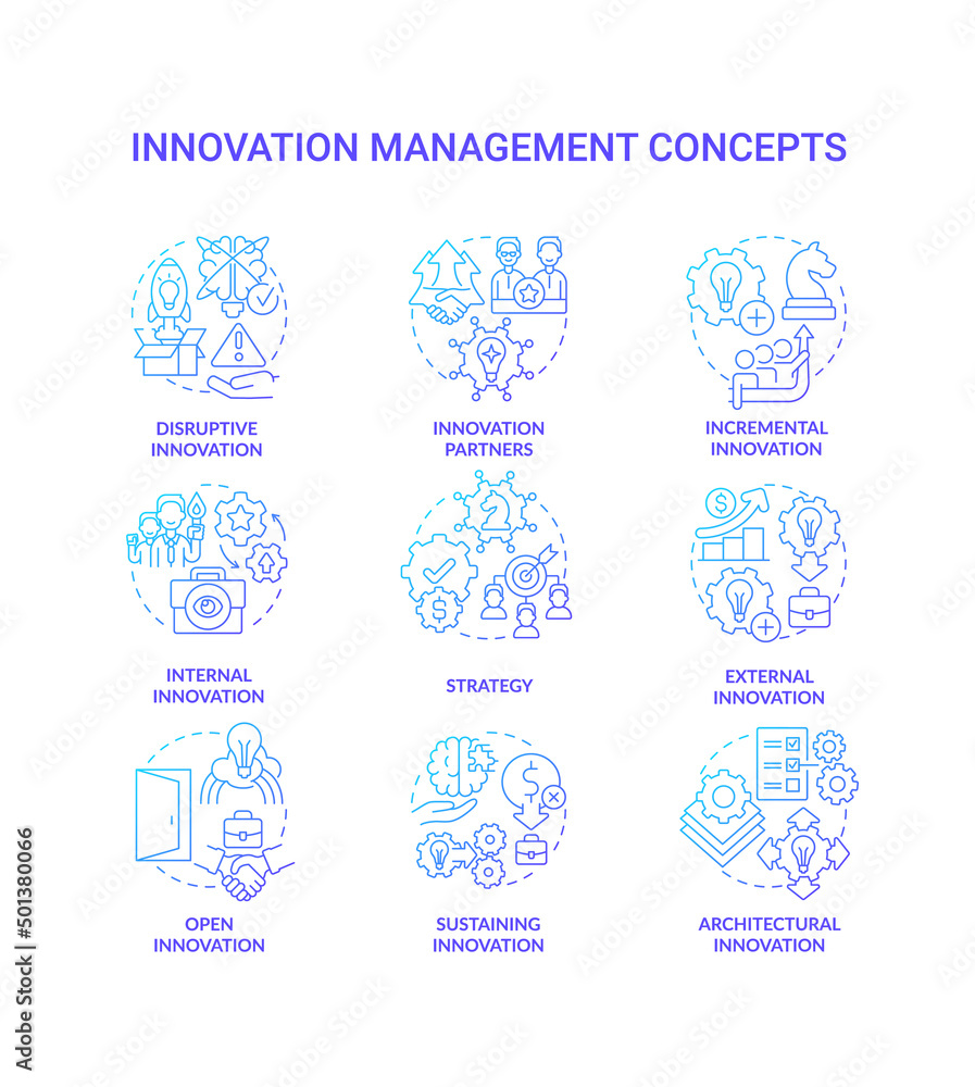 Aufkleber innovation management blue gradient concept icons set. creating startup idea thin line color illustr