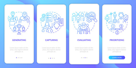 Innovation management phases blue gradient onboarding mobile app screen. Walkthrough 4 steps graphic instructions pages with linear concepts. UI, UX, GUI template. Myriad Pro-Bold, Regular fonts used
