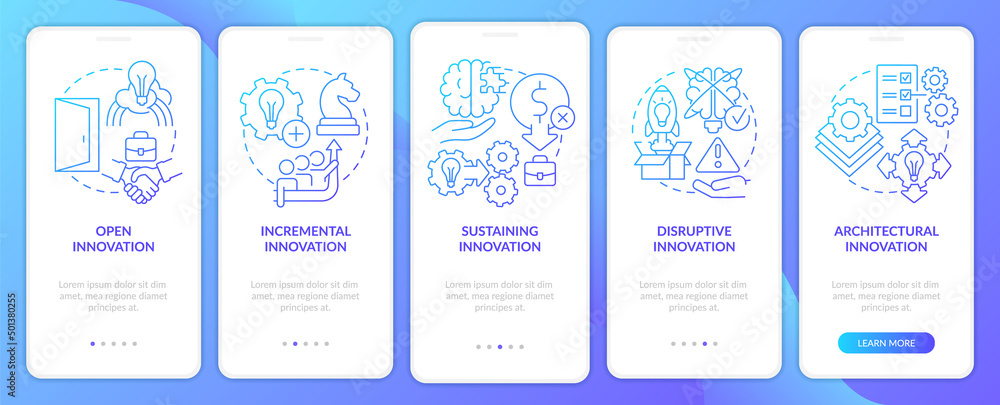 Poster forms of innovation blue gradient onboarding mobile app screen. walkthrough 5 steps graphic instruct