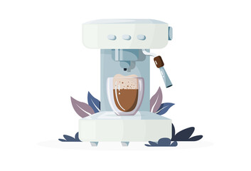 Coffee machine in cartoon modern style. Front view of coffee machine. Vector realistic cartoon flat illustration. Barista concept