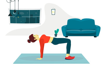 Woman doing fitness in exercise at home. Beautiful girl is engaged in fitness in reverse plank with straight arms and bent legs pose. Vector flat cartoon illustration