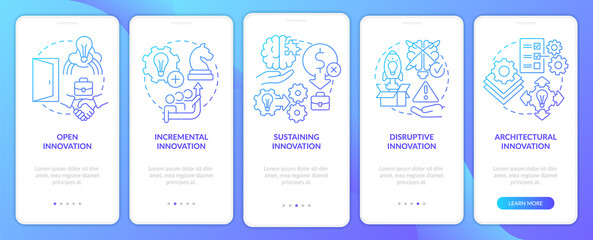 Forms of innovation blue gradient onboarding mobile app screen. Walkthrough 5 steps graphic instructions pages with linear concepts. UI, UX, GUI template. Myriad Pro-Bold, Regular fonts used