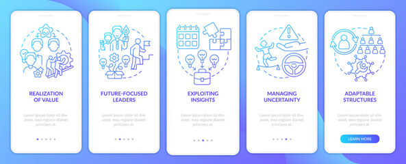 Innovation management basics blue gradient onboarding mobile app screen. Walkthrough 5 steps graphic instructions pages with linear concepts. UI, UX, GUI template. Myriad Pro-Bold, Regular fonts used