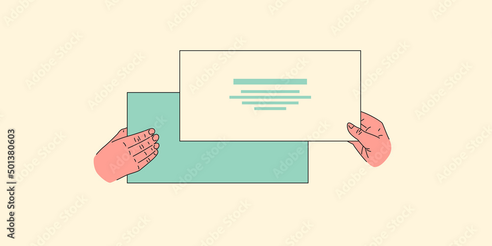 Poster a person's hands hold a rectangular shape. a set of isolated objects on a light background.