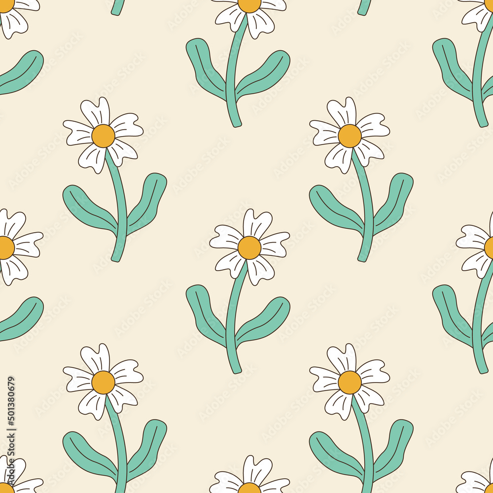 Aufkleber seamless vector pattern with groovy daisy flower. 70s, 80s, 90s vibes funky background. retro camomi