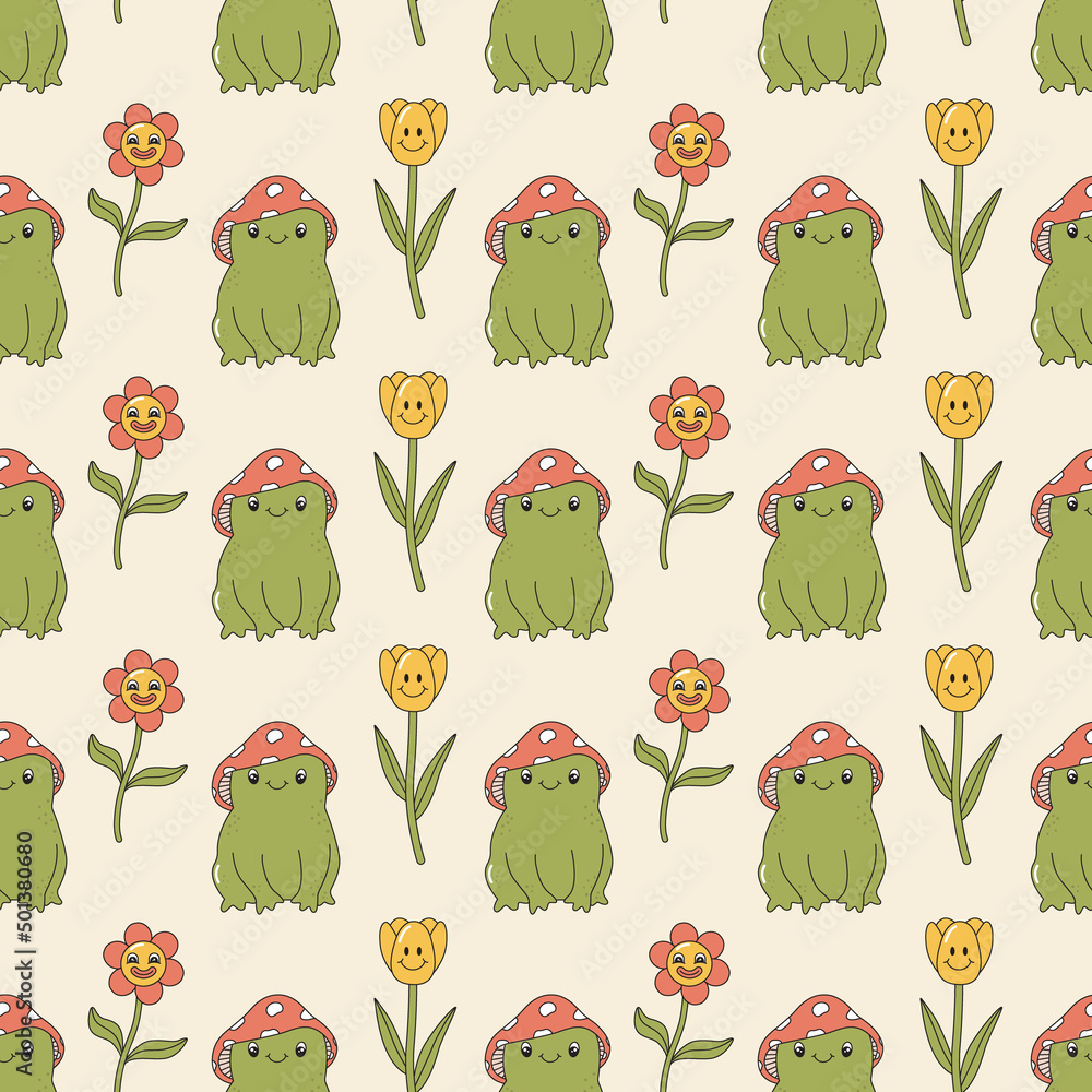Poster seamless vector pattern with cartoon frog character and flowers with face expression. cute toad in r