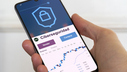 fondo de inversión negociado en bolsa mundial, Datos del mercado de valores en el teléfono. Análisis de negocios de una tendencia ETF. Blue chips ciberseguridad. Texto en español	
