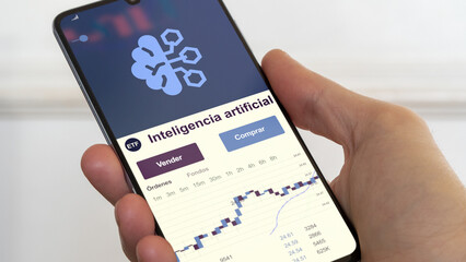 fondo de inversión negociado en bolsa mundial, Datos del mercado de valores en el teléfono. Análisis de negocios de una tendencia ETF. Blue chips Inteligencia artificial. Texto en español	
