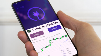 Etf fondo de inversión negociado en bolsa coche eléctrico, datos del mercado de valores en el teléfono. Análisis de negocios de una tendencia ETF vehículo eléctrico. Texto en español	