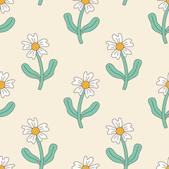 Fototapeta na wymiar Seamless vector pattern with groovy daisy flower. 70s, 80s, 90s vibes funky background. Retro camomile vector texture. Vintage nostalgia elements for design and print