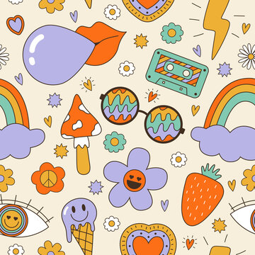 Seamless vector pattern with 70s, 80s, 90s vibes groovy elements. Retro bubble gum, glasses, cassette, rainbow, ice cream, flowers background. Vintage psychedelic texture for design and print