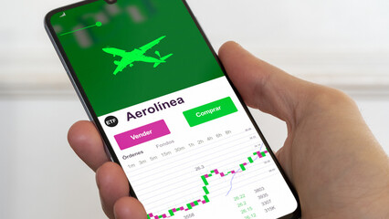 Etf aerolínea fondo etf de inversión negociado en bolsa mundial, Datos del mercado de valores en el teléfono. Análisis de negocios de una tendencia ETF. Blue chips. Texto en español	