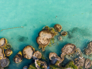Aerial Drone Shot of Ancient Stromatolites in seven colores lagoon near Bacalar, Quintana Roo,...
