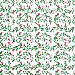 Watercolor seamless pattern with stylized twigs, flowers and leaves of the Thistle plant