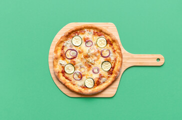 Vegetarian pizza on wooden board, top view