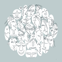Adstract cute faces of people. Line art. Seamless pattern. Vector illustration.