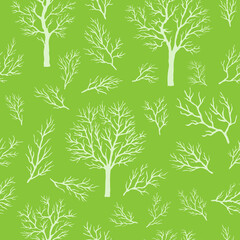 The pattern is seamless with white tree contours and bare branches on a green background. Vector illustration. Flora and plants. Print on fabric and wallpaper.